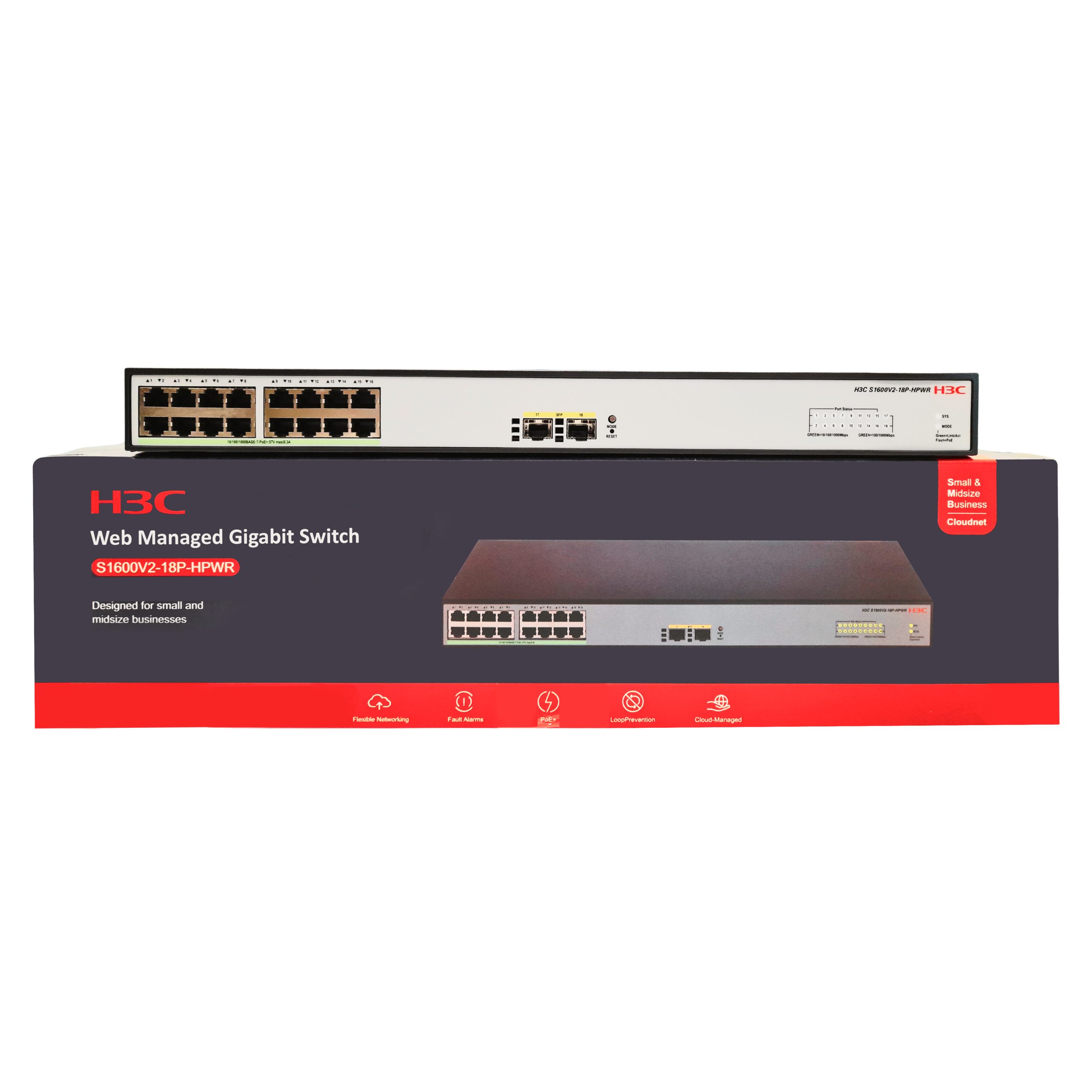 H3C Layer 2 Switch 16 x 1GE PoE+ Ethernet Ports & 2 x 1GE SFP Ports (PoE Budget 240W) - Image 2